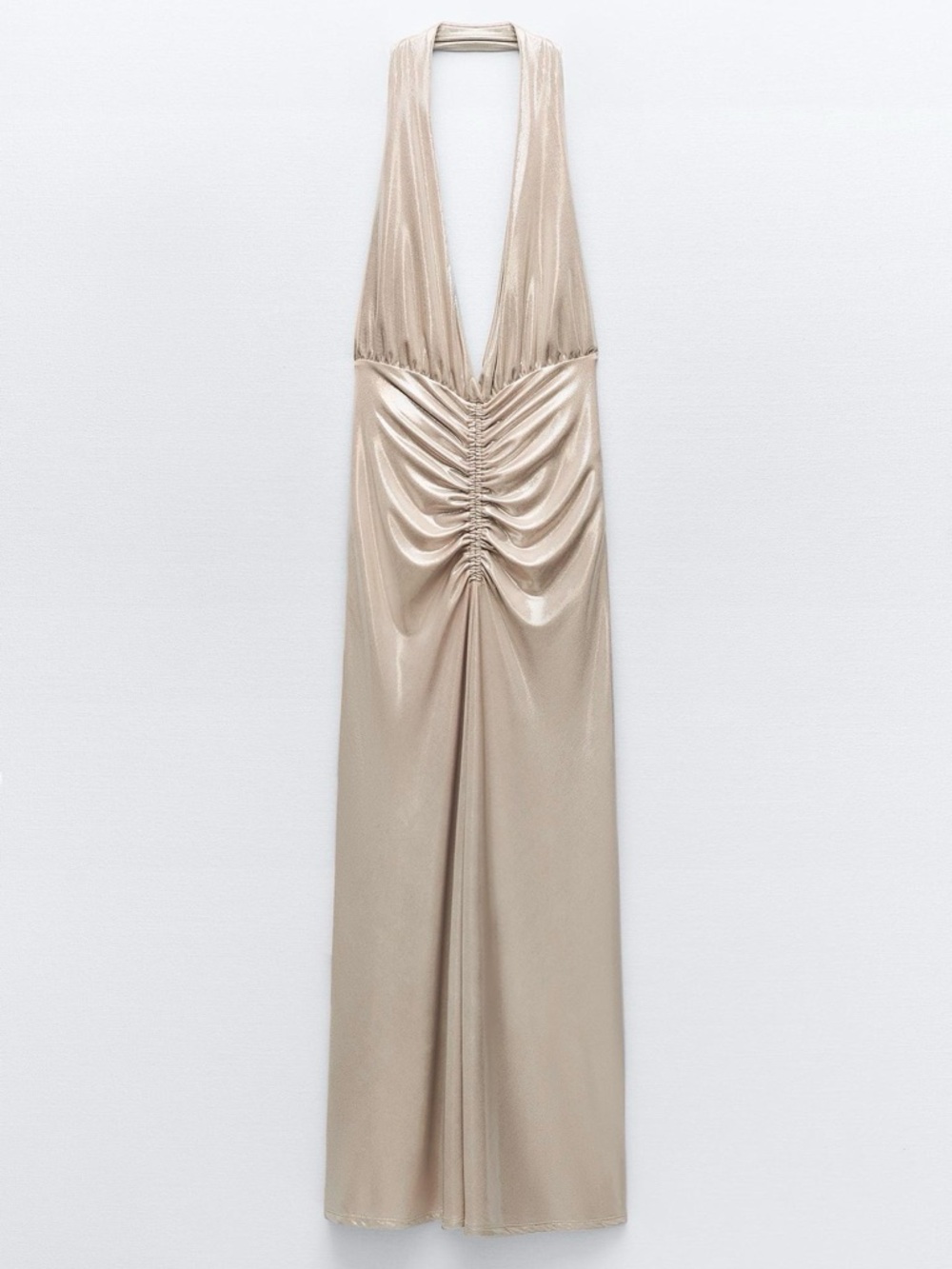 Zara Backless Metallic Champagne Halter Maxi Dress
